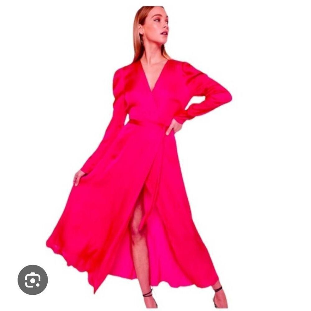 Bardot Alivia Long Sleeve Satin Faux Wrap Midi Dress Size‎ 8
